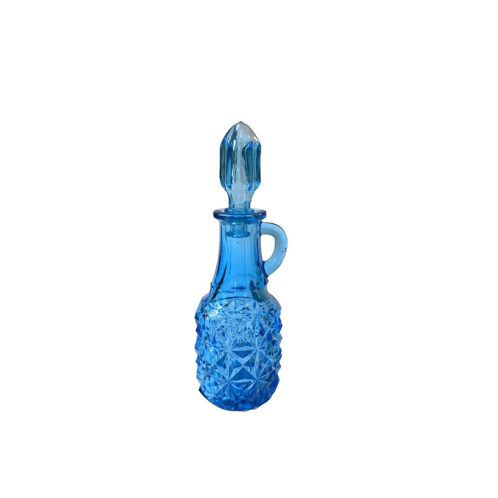 Vintage Peacock Blue Indiana Glass Miniature‎ Cruet with Stopper Apothecary Jar